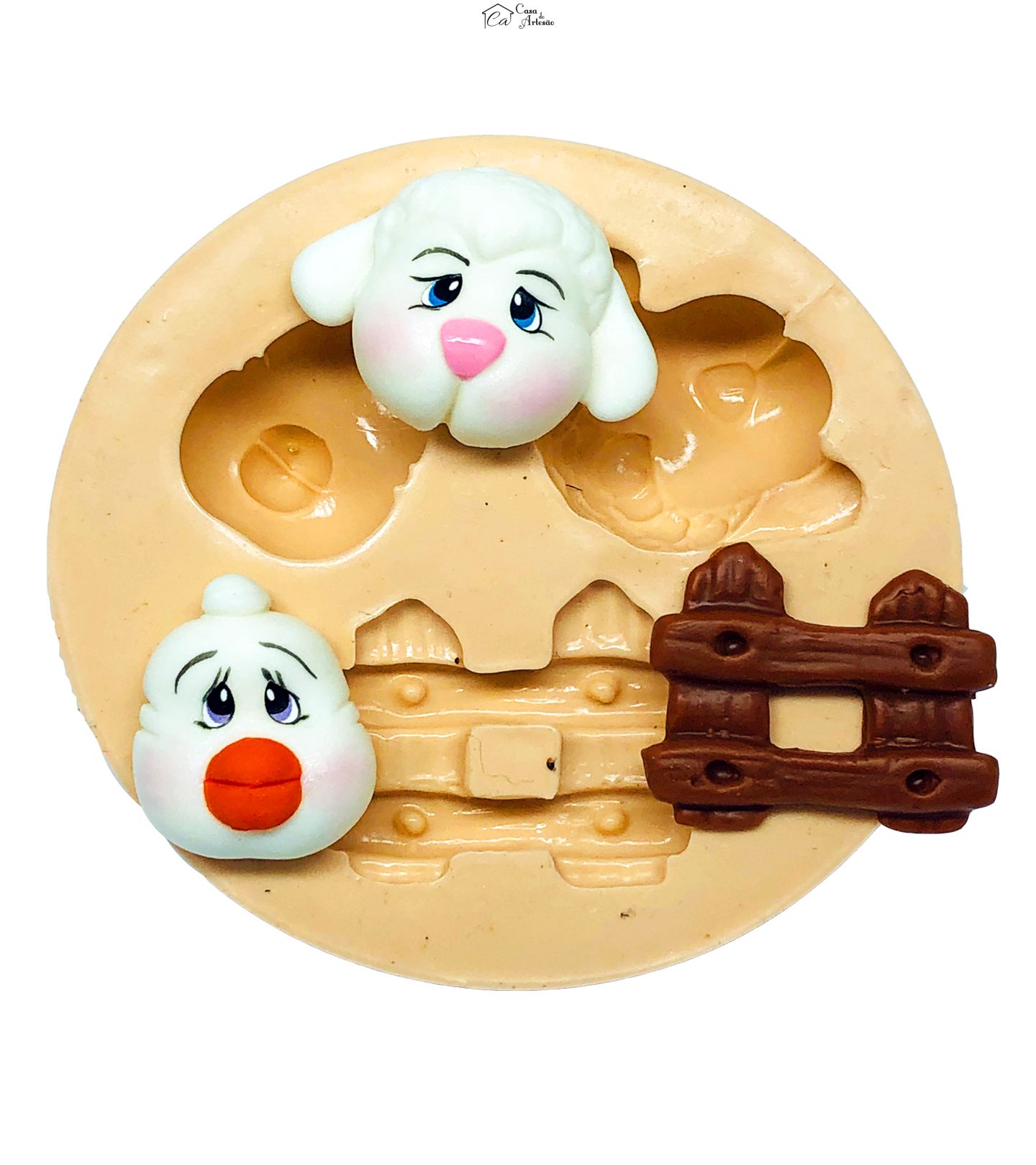 Molde de silicone - Fazendinha - Rosto Pintinho, Ovelha - Cerca - P762