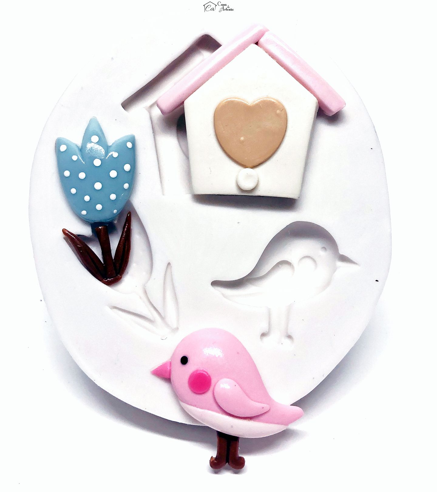 Molde de silicone - Jardim Encantado - Casa, Flor e Pássaro - Medio - P277