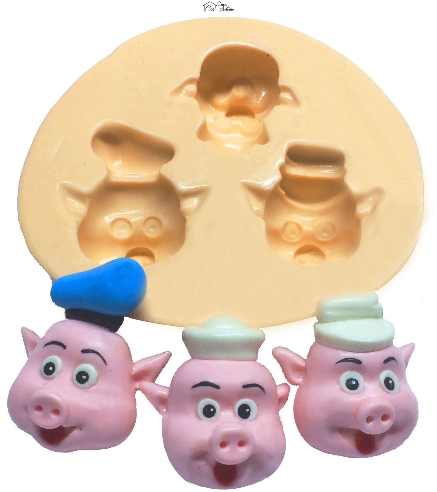 Molde de silicone - Os Tres Porquinhos - Rosto Cicero, Heitor e Pratico - Md- P310