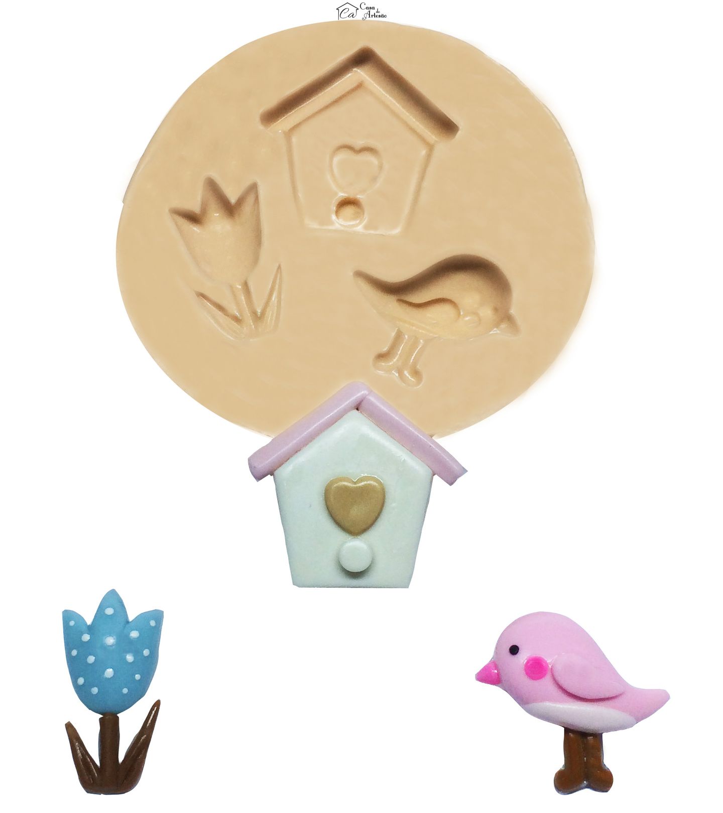 Molde de silicone - Jardim Encantado - Casa, Flor e Pássaro - Pequeno - P277