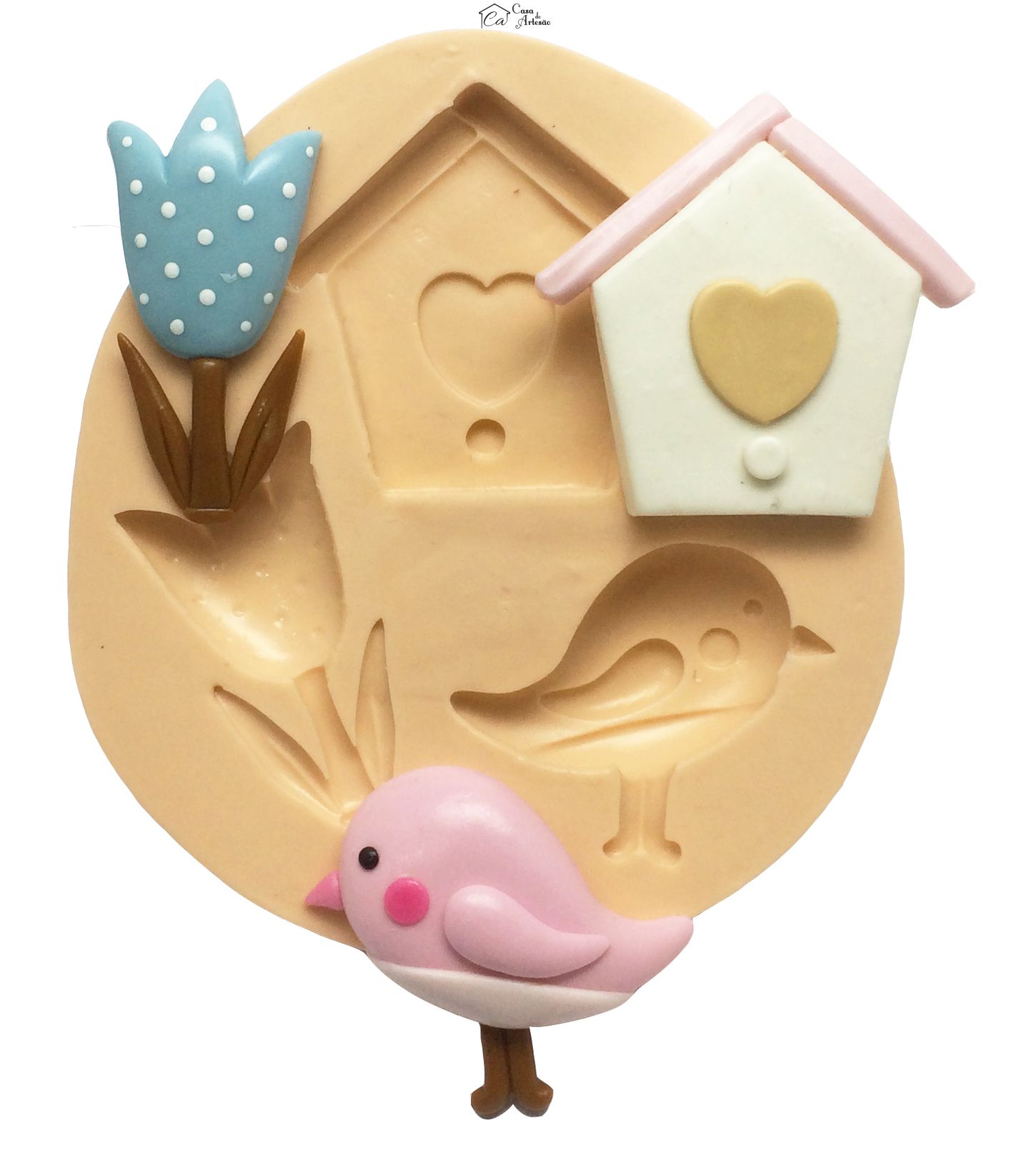 Molde de silicone - Jardim Encantado - Casa, Flor e Pássaro - Grande - P279