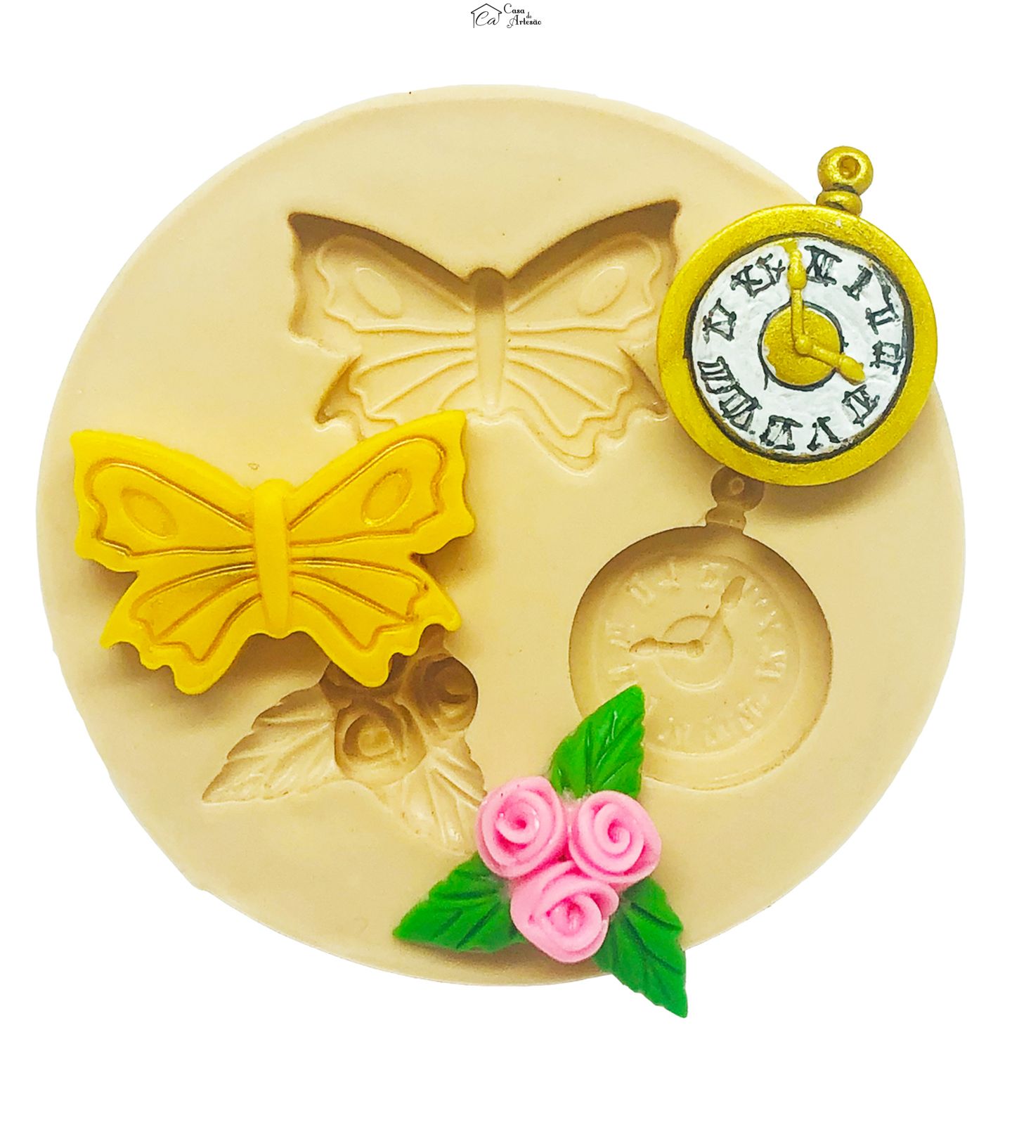 Molde de silicone - Borboleta, Relogio de Bolso e Rosas - Pequeno - P873