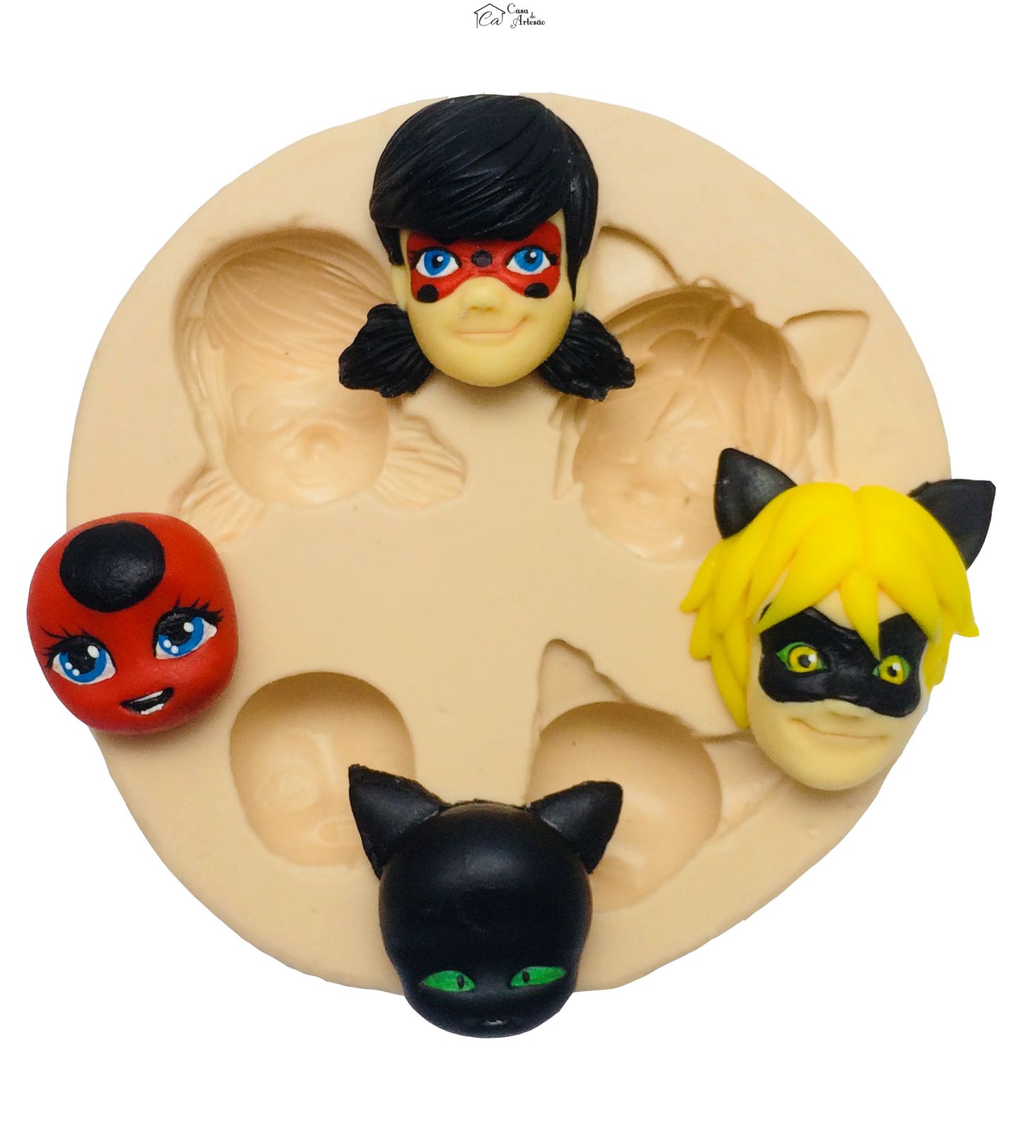 Molde de silicone - Ladybug - Rostos Marinette, Adrien, Tikki, Plagg - Grande