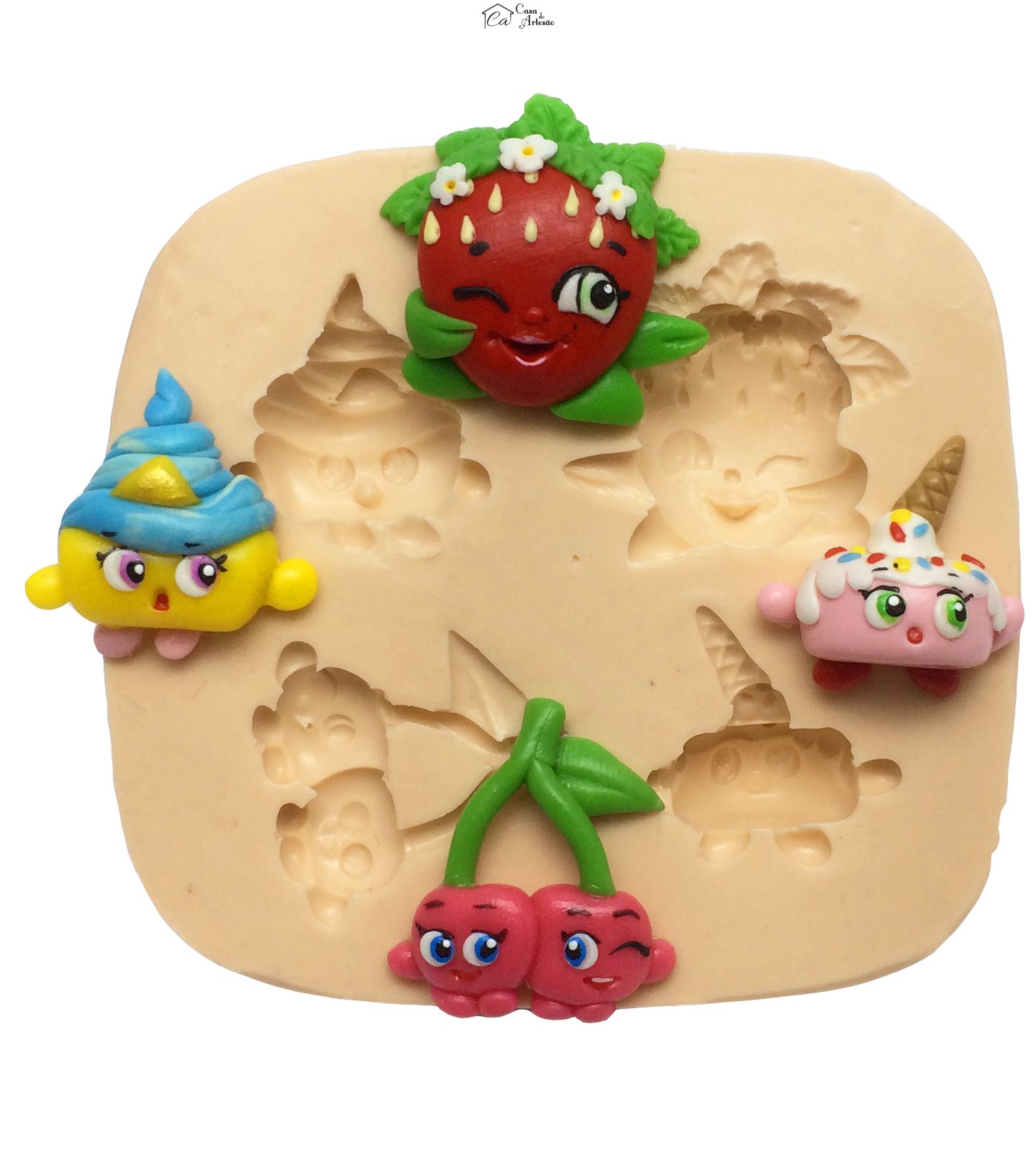 Molde de silicone - Shopkins - Mia Morango, Cheese Kate, Doble Cherries  - P240